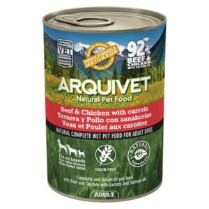 ArquiVet comida natural para perros adultos con carne y salmón, sin cereales, para todas las razas, en lata de 400 g.