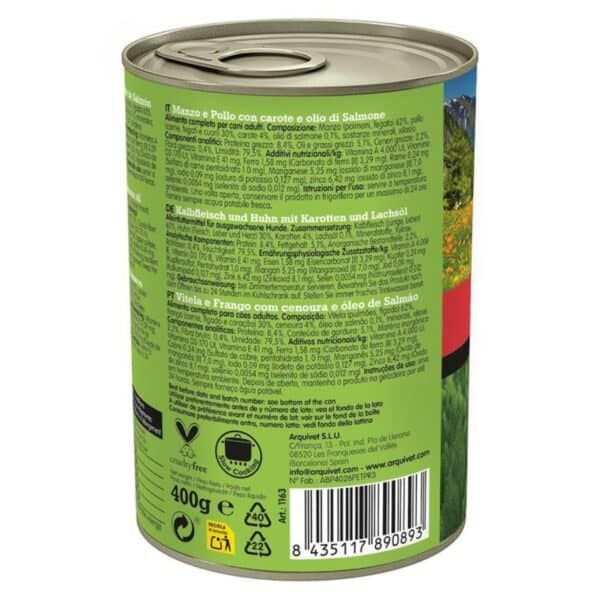 Salmon y pollo con zanahorias y aceite, comida húmeda para perros adultos, 400g.