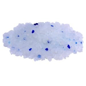 Brillantina cinérea blanca con picos azules para manualidades y disfraces.