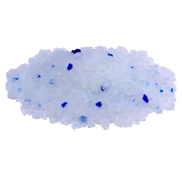 Brillantina cinérea blanca con picos azules para manualidades y disfraces.