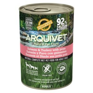 Arquivet comida natural para perros, salmón y pavo con guisantes, 92% salmón y pavo, sin cereales, para todas las razas.