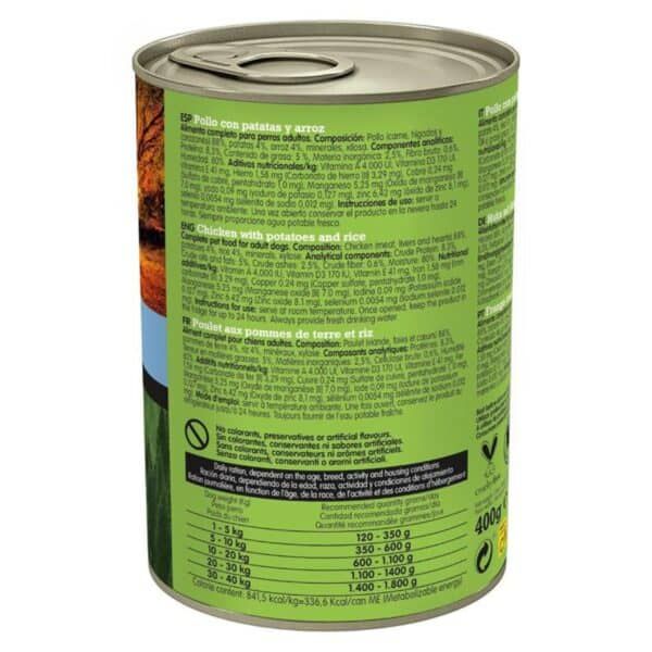 Pollo con patatas y arroz para perros adultos, alimento completo y nutritivo para mascotas.