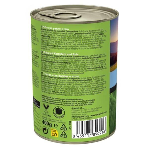 Pollo con patata y arroz en lata para mascotas.