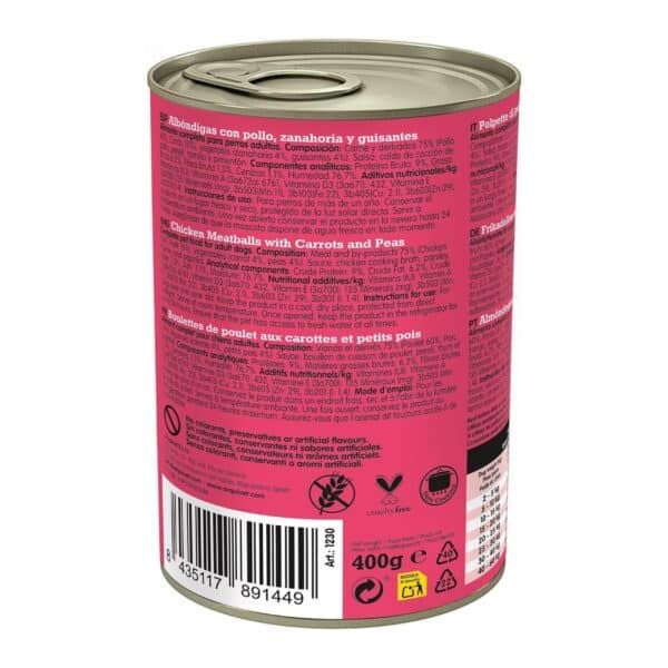 Alimentos para perros en lata con pollo, zanahoria y guisantes, 400g.