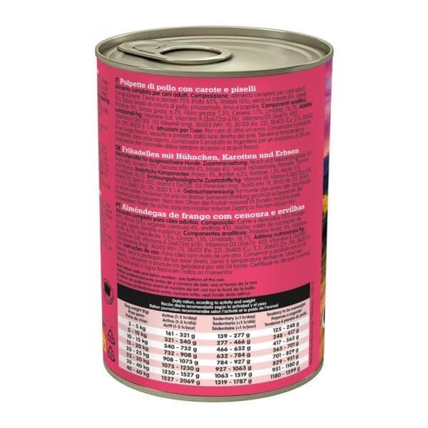 Pollo con zanahorias y guisantes enlatado para mascotas, comida completa para perros adultos. Suitable para perros de cualquier tamaño en latas.