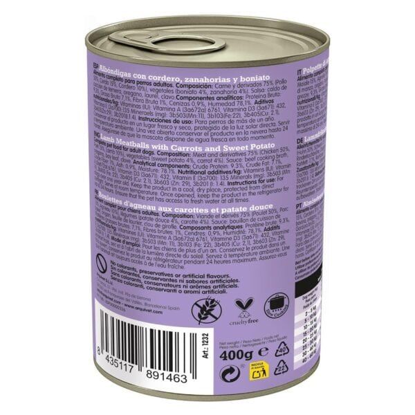 Albóndigas con cordero, zanahorias y boniato en lata para perros adultos.