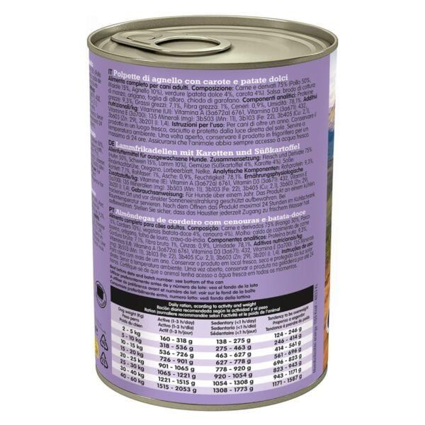 Polpette di agnello con carote e patate dolci enlatadas para perros adultos.