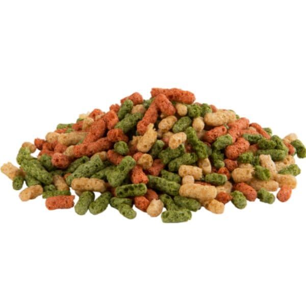 Multi color animal food pellets, dry pet nutrition, healthy treat for dogs and cats.