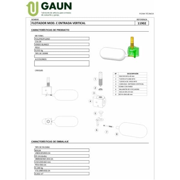 Flotador vertical para acuarios y sistemas de agua, con componentes de alta calidad y fácil instalación.