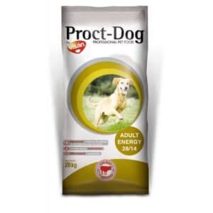 Alimento para perros Proct-Dog Adult Energy 20kg en paquete con imagen de perro en campo.