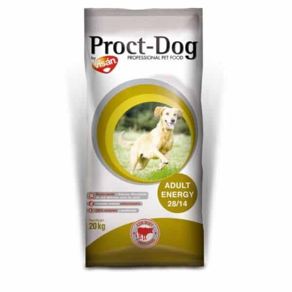 Alimento para perros Proct-Dog Adult Energy 20kg en paquete con imagen de perro en campo.
