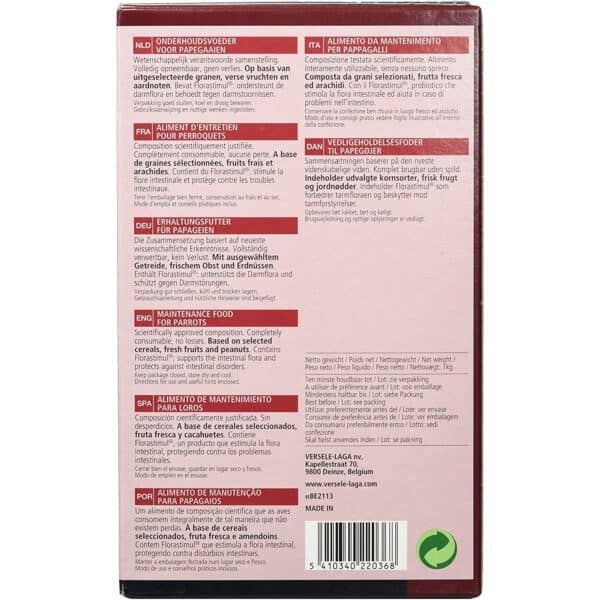 Pastilla de mantenimiento para loros con cereales, frutas frescas y cacahuetes, apoya la salud intestinal y protege contra trastornos digestivos.