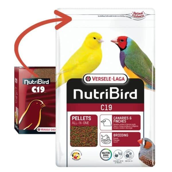 Nutribird C19 pellets para canarios y finches, alimentación completa y saludable para aves.