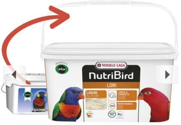 Alimento para loros NutriBird líquidico en envase grande.