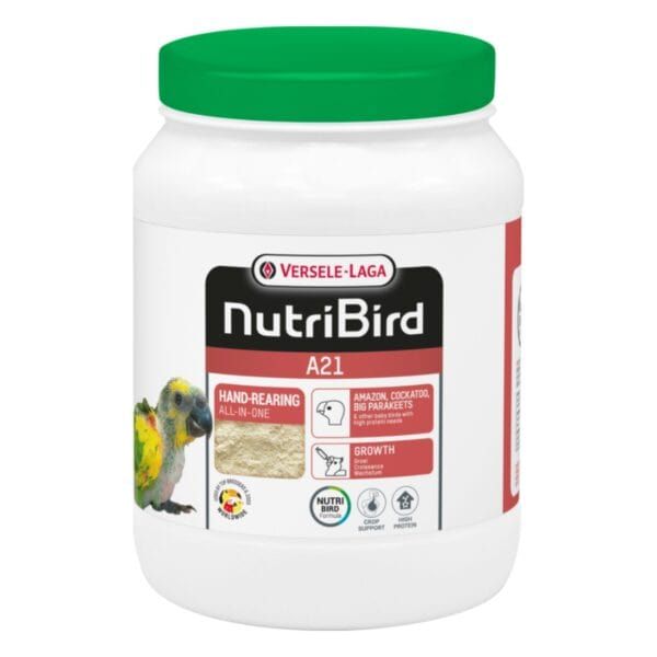 Alimento para aves NutriBird A21 de Versele-Laga, complemento para la salud y crecimiento de loros y aves.
