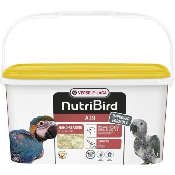 NutriBird A19 para aves exóticas y loros, fórmula mejorada para crecimiento saludable y plumaje brillante.