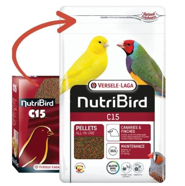 Pellets para aves exóticas NutriBird C15 con semillas y finches.