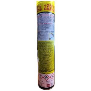 Aerosol fuerza potente para insectos, 600 ml, incluye repeticiones y advertencias de seguridad.