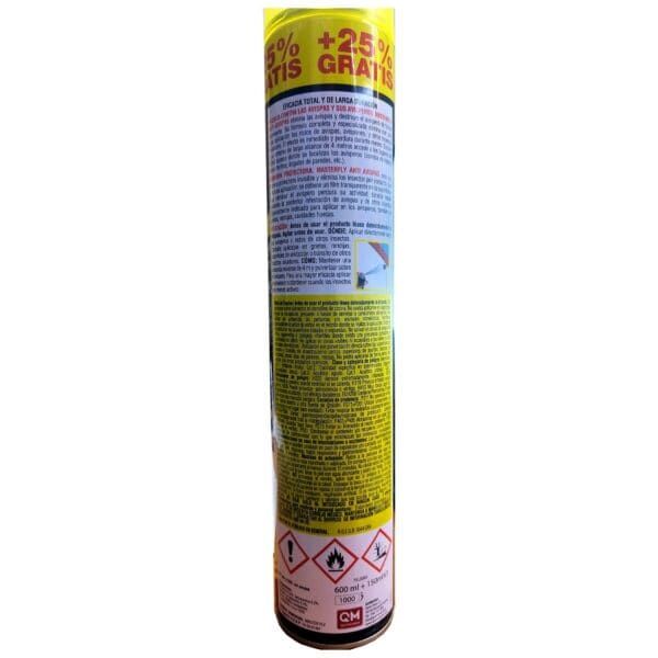Aerosol fuerza potente para insectos, 600 ml, incluye repeticiones y advertencias de seguridad.