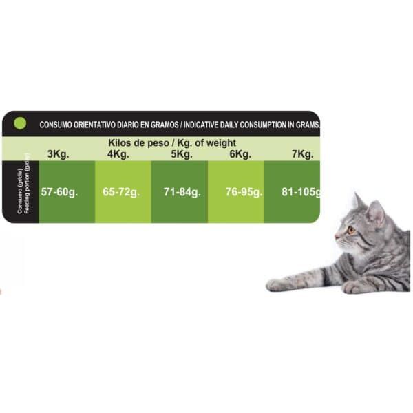 Alimento para gatos de diferentes pesos, guía de consumo diario en gramos.