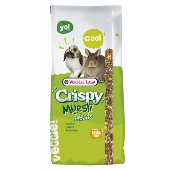 Lote de alimento para conejos Crispy Muesli de Versele-Laga en bolsa verde con imagen de conejos y muesli.