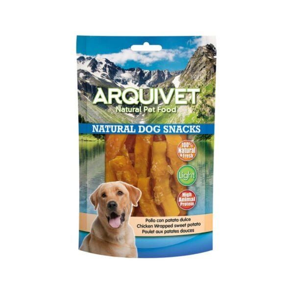 Arquivet snacks naturales para perros con pollo y patata dulce, alimentación saludable para mascotas.