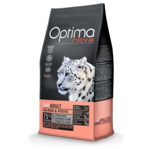 Alimento para gatos adultos con salmón y patata, alta digestibilidad y sabor delicioso.