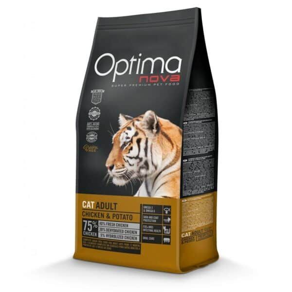 Optima Nova pienso para gatos adultos con pollo y patata, 75% de pollo alto en proteínas, fresco y deshidratado, cuidado dental y salud digestiva, tienda TodoMASKOTAS.