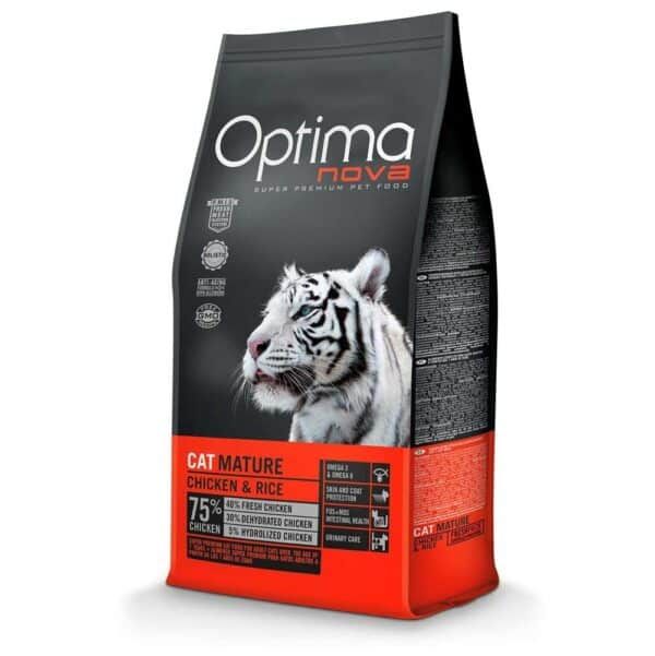 Alimento para gatos Optima Nova Premium, croquetas de pollo y arroz, ideal para la salud intestinal y cuidado diario.