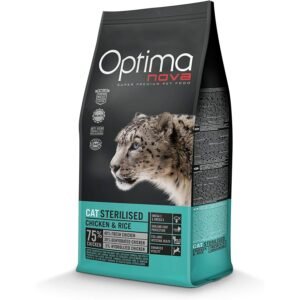 Optima Nova comida para gatos esterilizados pollo y arroz, fórmula premium para mascotas.