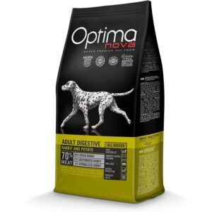 Alimento para perros adulto digestivo con carne de conejo y patata, 70% de carne fresca, sin cereales, ideal para una dieta equilibrada.