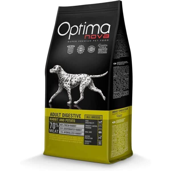 Alimento para perros adulto digestivo con carne de conejo y patata, 70% de carne fresca, sin cereales, ideal para una dieta equilibrada.
