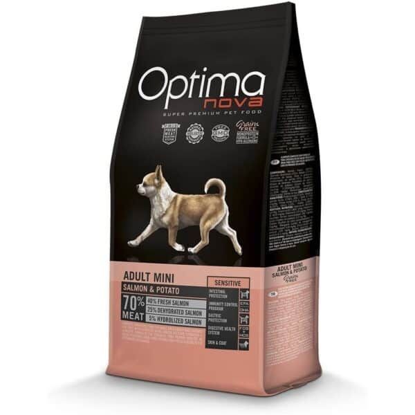Optima Nova pienso para perros adultos mini con salmón y patata, comida premium para mascotas saludables.