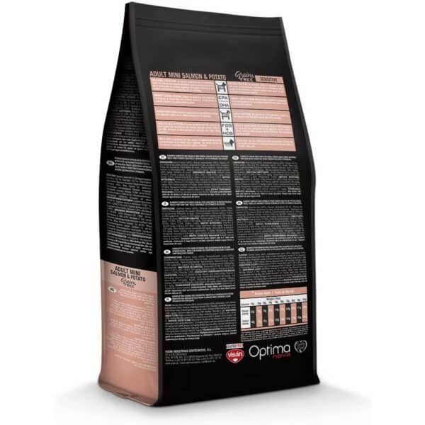 Comida para perros adultos sabor salmón y patata en bolsa negra y rosa.