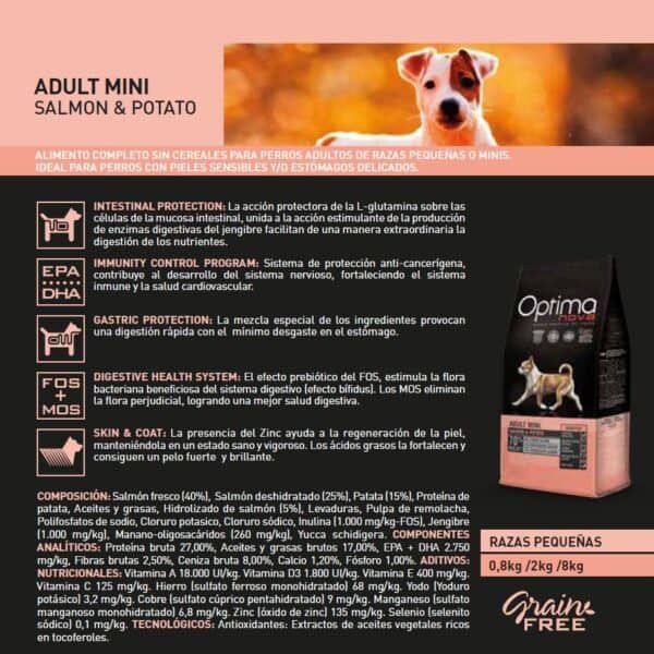 Salmon y patata para perros pequeños, alimento sin cereales y fácil digestión, ideal para razas pequeñas o minis, con ingredientes naturales y salud bucal.