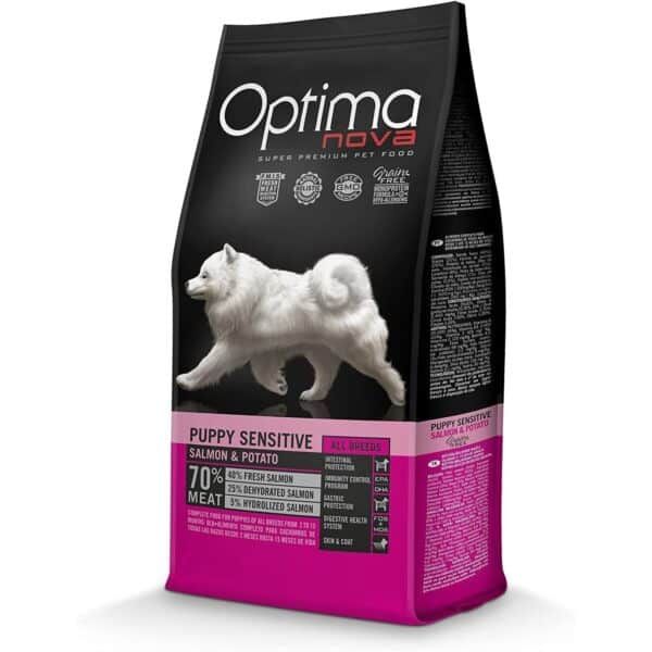 Foto de un paquete de comida para perros Puppy Sensitive Salmon & Potato de la marca Optima Nova.