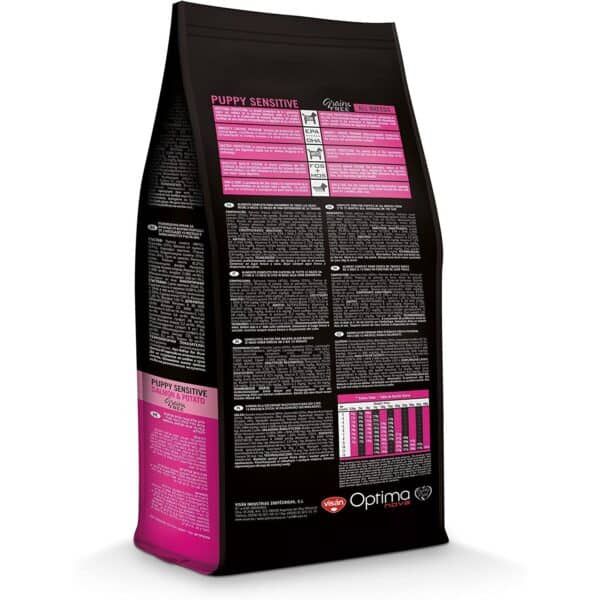 Alimento para perros sensibles con salmón y patata, con ingredientes de alta calidad.