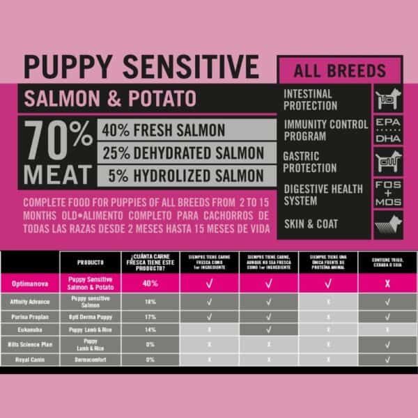 Salmon y potato para cachorros sensibles, protección intestinal y salud digestiva.