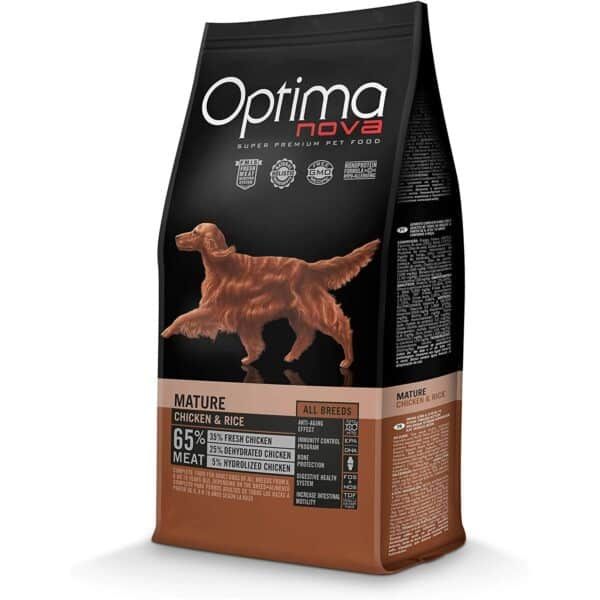 Optima nova comida para perros croquetas de pollo y arroz, nutrición para todas las razas.