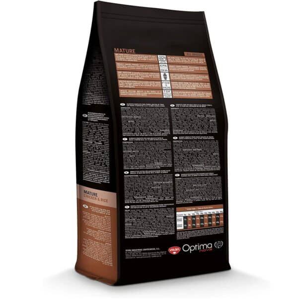 Alimento para mascotas en saco de comida para perros con pollo y arroz, marca Optima Nova.