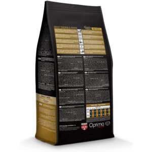 Alimento para perros adultos con pollo y patata en bolsa negra y dorada.