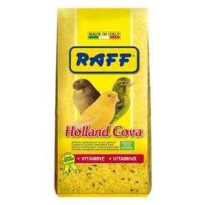 Alto texto: Alimento para aves Raff Holland Cova, con vitaminas para loros y grindas.