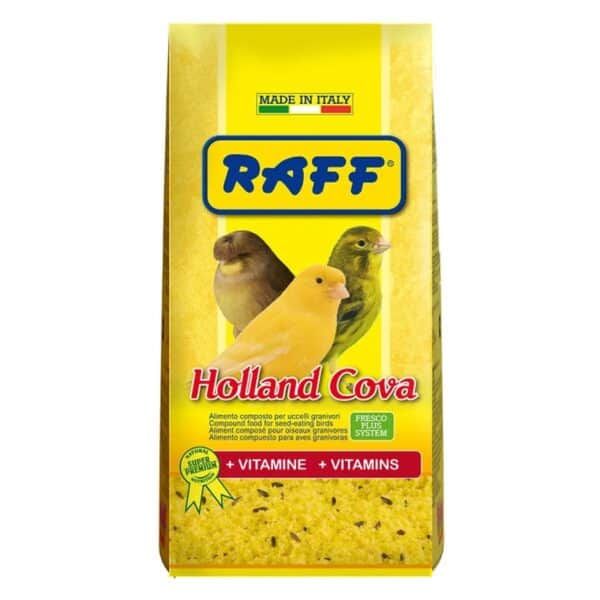 Alto texto: Alimento para aves Raff Holland Cova, con vitaminas para loros y grindas.