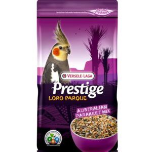 Pellet para loros en paquete color morado con ave y vegetación en la etiqueta.