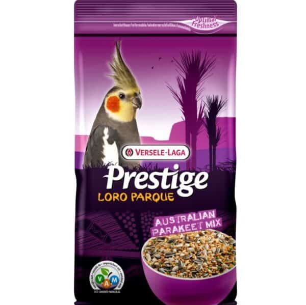 Pellet para loros en paquete color morado con ave y vegetación en la etiqueta.