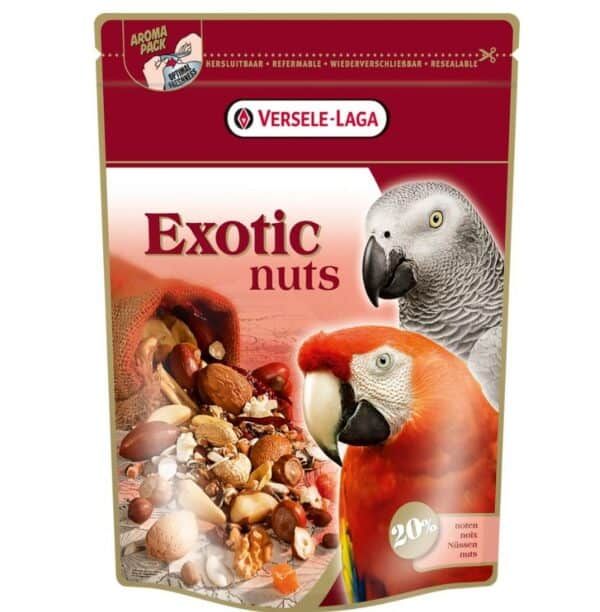 Alimento para aves exóticas con nueces y frutos secos, adecuado para loros y lorquinas, con 20% de proteína.