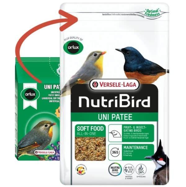 Alimento para pájaros NutriBird Uni Patee con insectos y frutas, mantenimiento y frescura óptima.