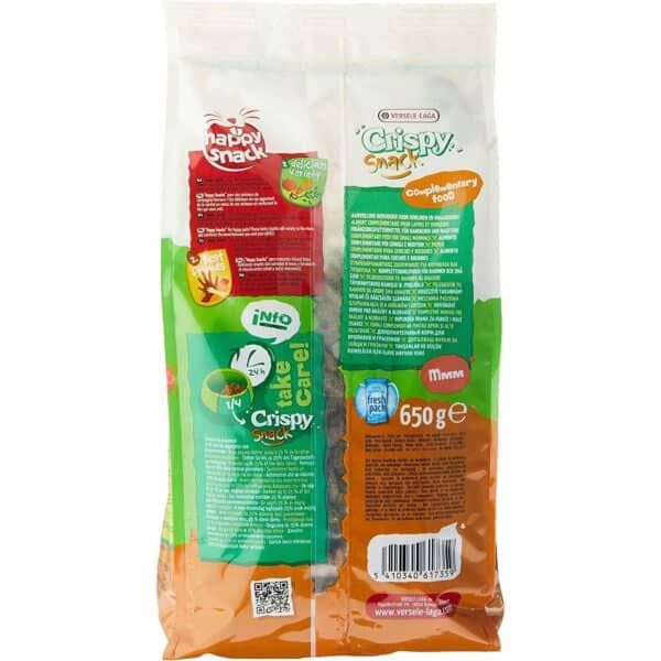 Colorido paquete de snacks crujientes con sabores variados para mascotas, 650g, marca Verselaga, ideal para perros y gatos.