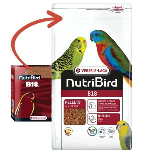 Pellets para aves exóticas NutriBird B18, alimentación completa para periquitos y loros.