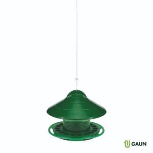 Comedero para aves y pájaros, alimentador con plato y bebedero de plástico verde.